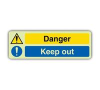 V Safety Glow In The Dark Danger - Panneau double icône Keep Out - Format paysage - 300 x 100 mm - Fabriqué à partir de vinyle autocollant triple lueur - Signalisation d'avertissement de danger