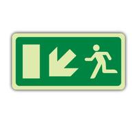 V Safety Glow In The Dark Fire Exit - Running Man - Flèche vers le bas à gauche - Panneau directive CE - 600 x 300 mm - Fabriqué en vinyle autocollant double lueur - Signalisation de sécurité incendie