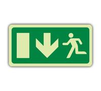 V Safety Glow In The Dark Fire Exit - Running Man Left - Flèche vers le bas - Panneau directive CE - 400 x 200 mm - Fabriqué en vinyle autocollant double lueur - Signalisation de sécurité incendie