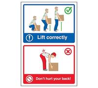 V Safety Lift Correctly/Don't Hurt Your Back! Panneau de sécurité en plastique rigide 200 x 300 mm 2 mm