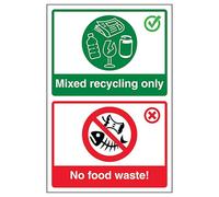 V Safety Mixed Recycling Only/No Food Waste! Panneau de sécurité en aluminium brossé 300 x 400 mm - 3 mm