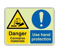 V Safety Panneau de protection des mains phosphorescents avec inscription « Danger Corrosive Materials Use Hand Protection » 300 x 225 mm Fabriqué en Grande-Bretagne