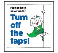 V Safety Panneau de sécurité autocollant en vinyle effet aluminium Inscription en anglais « Please Help Save Water Turn Off The Tap » Woman Right 100 x 100 mm