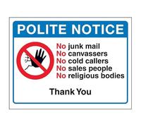 V Safety Panneau de sécurité autocollant en vinyle effet aluminium Inscription Polite Notice No Junk Mail, No Canvassers, No Cold...Thank You 150 x 100 mm