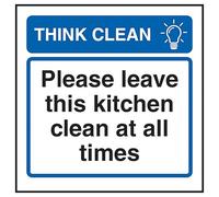 V Safety Panneau de sécurité autocollant en vinyle Effet aluminium Inscription « Think Clean Please Leave This Kitchen Clean At All Times » 100 x 100 mm