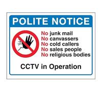 V Safety Panneau de sécurité en aluminium brossé avec inscription « Polite Notice, No Junk Mail, No Canvassers, No...CCTV in Operation » 200 x 150 mm - 3 mm