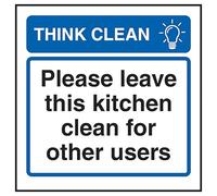 V Safety Panneau de sécurité en aluminium brossé avec inscription « Think Clean Please Leave This Kitchen Clean For Other Users » 100 x 100 mm - 3 mm