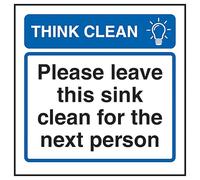 V Safety Panneau de sécurité en aluminium brossé avec inscription « Think Clean Please Leave This Sink Clean For The Next Person » 100 x 100 mm - 3 mm