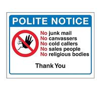 V Safety Panneau de sécurité en plastique rigide avec inscription « Polite Notice No Junk Mail, No Canvassers, No Cold...Thank You » 150 x 100 mm - 2 mm