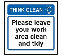 V Safety Panneau de sécurité en plastique rigide avec inscription « Think Clean Please Leave Your Work Area Clean and Tidy » 100 x 100 mm - 2 mm