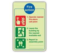 V Safety Panneau de sécurité photoluminescent 3 points Fire Action Notice - Operate Nearest Fire Alarm - 200 x 300 mm - Plastique rigide de 1,2 mm - Lueur standard
