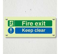 V Safety Panneau de sécurité Photoluminescent Fire Exit - Keep Clear - Double icône - 300 x 100 mm - Vinyle auto-adhésif - Triple lueur