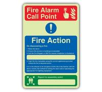 V Safety Panneau de signalisation « Glow In The Dark Fire Action » - 150 x 225 mm - Fabriqué en plastique rigide à double lueur - Signalisation de sécurité incendie - Fabriqué en Grande-Bretagne
