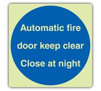 V Safety Panneau lumineux automatique « Keep Clear Close At Night » pour porte coupe-feu - Format carré - 80 x 80 mm - Fabriqué en plastique rigide double lueur - Signalisation d'avertissement de