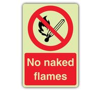 V Safety Panneau No Naked Flames 400 x 600 mm Vinyle Double Glow | Phosphorescent | Vinyle auto-adhésif double lueur | Signalisation d'interdiction - Fabriqué en Grande-Bretagne