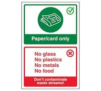 V Safety Paper/Card Only/Don't Contaminate Waste Streams! Poster 200 x 300 mm - Panneau de sécurité en plastique souple de qualité supérieure 0,3 mm