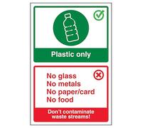 V Safety Plastic Only/Don't Contaminate Waste Streams! Poster 200 x 300 mm - Panneau de sécurité en plastique souple renforcé ultra résistant