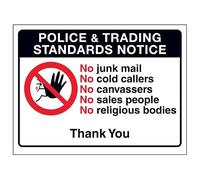 V Safety Police & Trading Standards Notice, No Junk Mail, No Cold... 150 x 100 mm - Panneau de sécurité en plastique rigide 2 mm