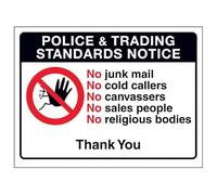 V Safety Police & Trading Standards Notice, No Junk Mail, No Cold... 200 x 150 mm - Panneau de sécurité composite en aluminium brossé 3 mm