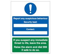V Safety Report Any Suspicious Behaviour Panneau de sécurité en aluminium composite 450 x 600 mm 3 mm