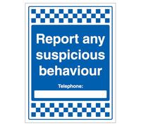 V Safety Report Any Suspicious Behaviour - Telephone 450 x 600 mm - Panneau de sécurité en plastique rigide de 2 mm