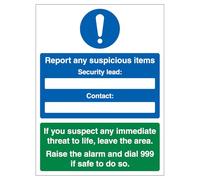 V Safety Report Any Suspicious Items Panneau de sécurité en aluminium composite 300 x 400 mm 3 mm