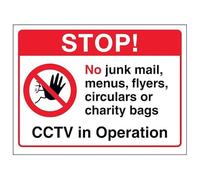 V Safety Stop ! No Junk Mail, Menus, Flyers... CCTV in Operation Panneau de sécurité autocollant en vinyle Effet aluminium 150 x 100 mm