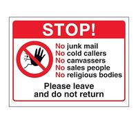 V Safety Stop ! No Junk Mail, No Cold...Please Leave and Do Not Return Autocollant en vinyle Effet aluminium 200 x 150 mm