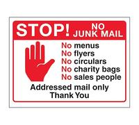 V Safety Stop ! No Junk Mail, No Menus... Addressed Mail Only, Thank You 150 x 100 mm - Vinyle autocollant - Panneau de sécurité effet aluminium