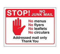 V Safety Stop ! No Junk Mail, No Menus... Addressed Mail Only, Thank You 200 x 150 mm - 1 mm Panneau de sécurité en plastique rigide
