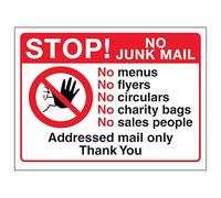 V Safety Stop ! No Junk Mail, No Menus, No...Addressed Mail, Thank You 200 x 150 mm - 1 mm Panneau de sécurité en plastique rigide