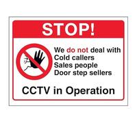 V Safety Stop ! We Do Not Deal With Cold Callers...CCTV in Operation Panneau de sécurité autocollant en vinyle Effet aluminium 200 x 150 mm