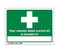 V Safety The Nearest Bleed Control Kit Is Located - Call 999 - Vinyle autocollant phosphorescent 600 x 450 mm