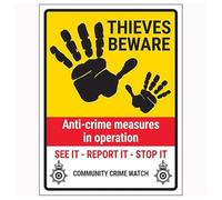 V Safety Thieves Beware/Anti-Crime Measures/See It-Report It-Stop It/Community Crime Watch 300 x 400 mm - Vinyle autocollant - Panneau de sécurité effet aluminium
