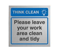 V Safety Think Clean Please Leave Your Work Area Clean and Tidy Autocollant en vinyle Effet aluminium 100 x 100 mm