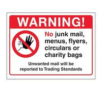 V Safety Warning! No Junk Mail, Menus... Unwanted Mail Will Be Reported... 200 x 150 mm - Vinyle autocollant - Panneau de sécurité effet aluminium