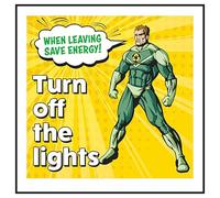 V Safety When Leaving Save Energy! Turn Off The Lights Superman Panneau de sécurité en aluminium brossé 3 mm 100 x 100 mm