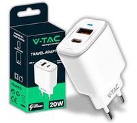 V-TAC Chargeur Rapide 20W USB-C pour iPhone et Samsung - PD - Ultra Rapide pour Smartphones et Appareils - 2 Ports USB Type C et USB A pour iPhone 14/15/16/17 Pro/Max e Galaxy S25 / S26 / A56