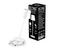 V-TAC Lampe de Table sans Fil LED Dimmable avec Commandes Tactiles - Lampe Blanche pour Intérieur et Extérieur IP54 pour Maison, Restaurant, Bureau - Batterie 4400 mAh - Lumière Blanc Chaud 3000K - 2W