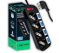 V-TAC Multiprise électrique Noire 4 Ports avec interrupteurs indépendants - 4 entrées 10/16 A Bypass + Schuko - Fiche 16 A - Multiprise - Prise pour Maison, Bureau, Magasin - Câble