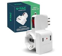 V-TAC Multiprise électrique USB C Power Delivery 20 W + Port + 1 Prise latérale 10/16 A bipass et 1 Avant 10/16 A Bipasso Schuko - Adaptateur multiprise Type C pour Maison, Bureau
