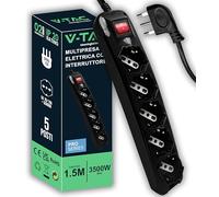 V-TAC Prise Multiple électrique Noire - 5 Prises avec Interrupteur et câble de 1,5 m - 5 Prises 10/16 A - Bypass + Schuko - Prise 16 A - Prise Multiple - Prise Murale pour