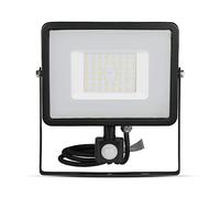 V-TAC Projecteur de sécurité extérieur étanche avec détecteur de mouvement 50 W avec LED Samsung, corps noir, verre gris, IP65 3000 K, blanc chaud, 4250 lumens, fonte d'aluminium moulé sous pression,