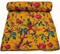 V Vedant Designs Couvre-lit Kantha imprimé oiseau pour lit double - Style indien - 228,6 x 152,4 cm - Jaune