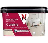 V33 Peinture Cuisine - Rénovation Perfection® - Haute Résistance taches et Chocs - Ultra-Lessivable - Meuble - Crédence - Plan de travail - Beige Moelleux satin - 2L