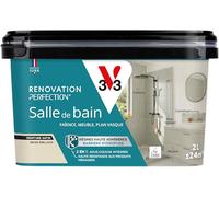 V33 Peinture Salle de Bain - Rénovation Perfection® - Haute Adhérence - Barrière Hydrofuge - Sous-Couche intégrée - Ecolabel - Faïence - Meuble - Plan Vasque - Beige Moelleux satin 2L