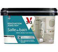 V33 Peinture Salle de Bain - Rénovation Perfection® - Haute Adhérence - Barrière Hydrofuge - Sous-Couche intégrée - Ecolabel - Faïence - Meuble - Plan Vasque - Lin Clair satin 2L