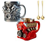 V8 Engine Coffee Mug, Retro Engine Coffee Mug, V8 Engines Stainless Steel Cup, 3D Engine Style Stainless Steel Coffee Cup (Red+Siliver)