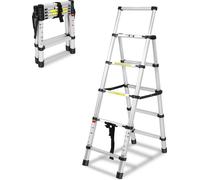 VA-Cerulean Aluminium Echelle télescopique 1.4+1.7M Cadre A 5+6 marches Echelle polyvalente Echelle à coulisse Capacité de charge max 150KG, Argent
