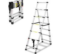 VA-Cerulean Aluminium Escabeau télescopique 1.7+2M Cadre A 6+7 marches Escabeau polyvalent Escabeau à coulisse Capacité de charge max 150KG, Argent